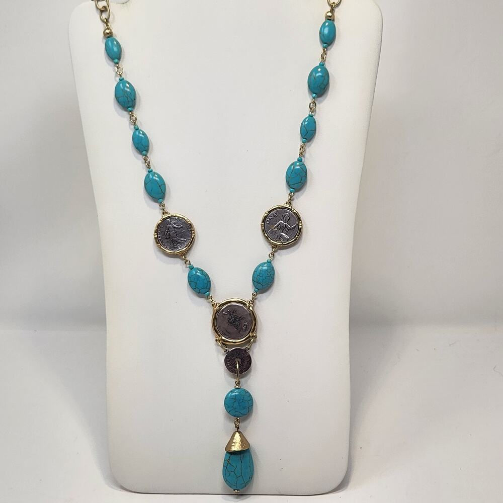 Chicos Faux Turquoise Coin Accent Long Necklace Two Tone Metal Y Drop Jewelry